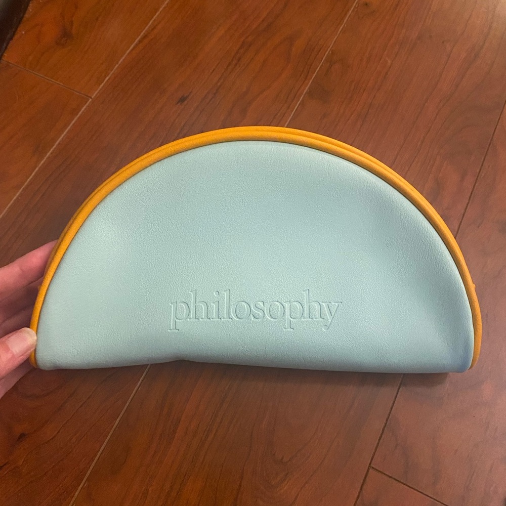 Philosophy makeup/ travel bag. Seafoam green with yellow trim